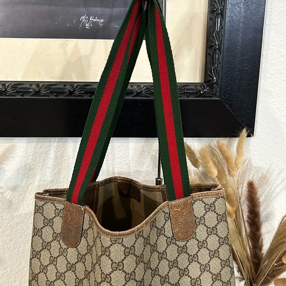 GUCCI GG Canvas Web Sherry Line  Bag PVC Beige Green Red Authentic - Picture 4 of 16